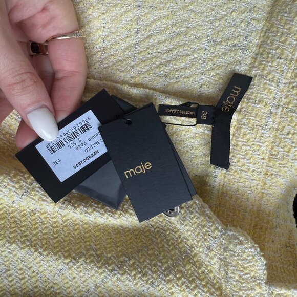 NWT Maje Rillo Mini Shirt Dress Jaune Pale Lurex Tweed Asymmetrical Button Front - Picture 3 of 9